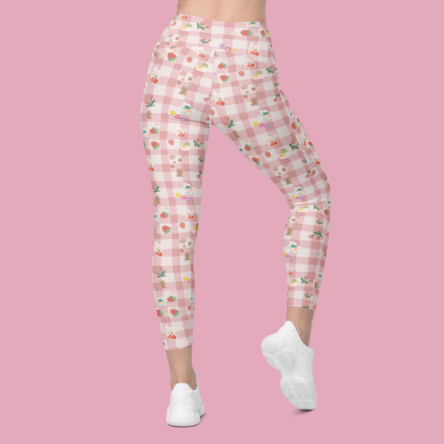 V-Bund-Leggings mit Taschen - rosa Karo