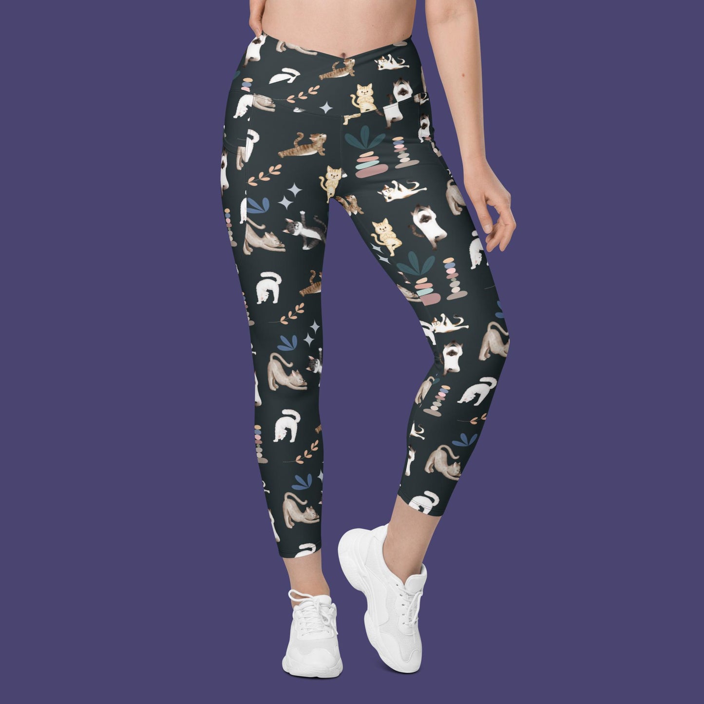 V-Bund-Leggings mit Taschen - Yogakatzen