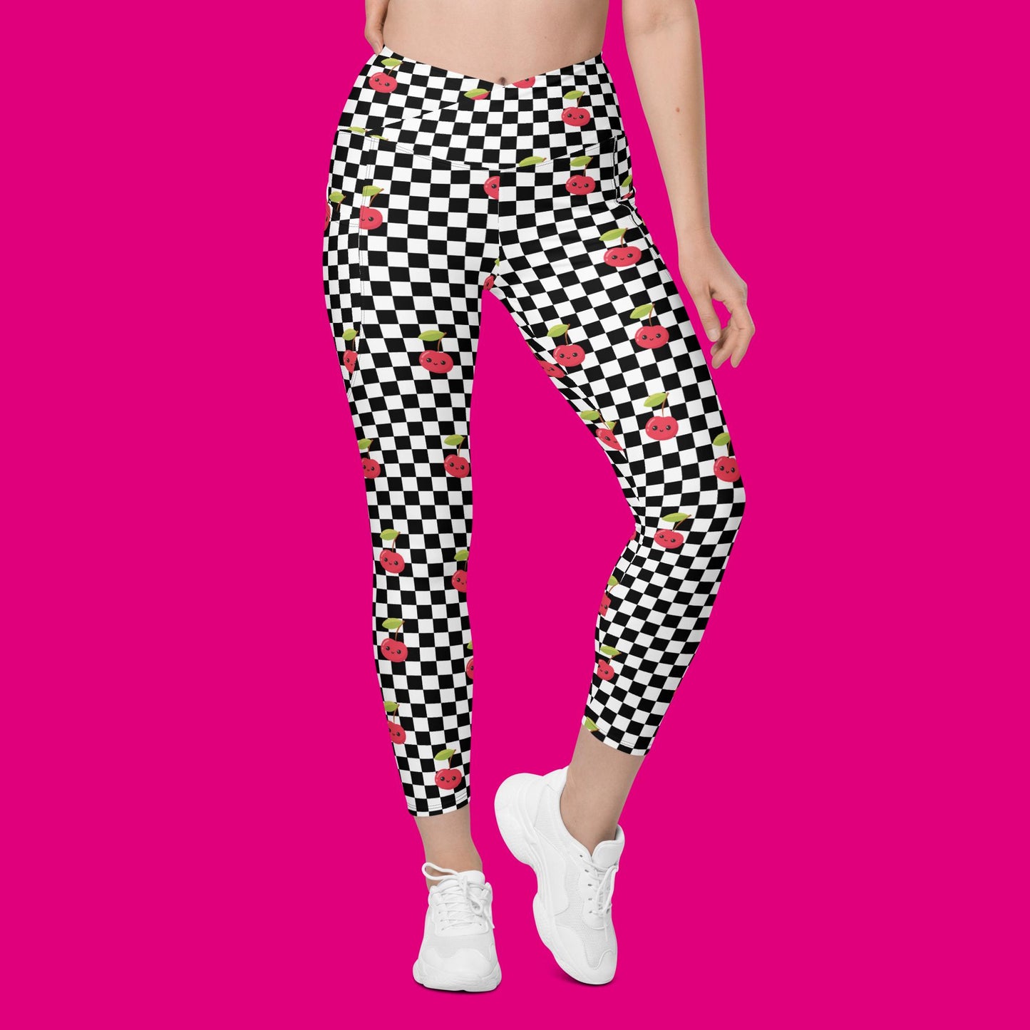 V-Bund-Leggings mit Taschen - Schachbrett Kirschen