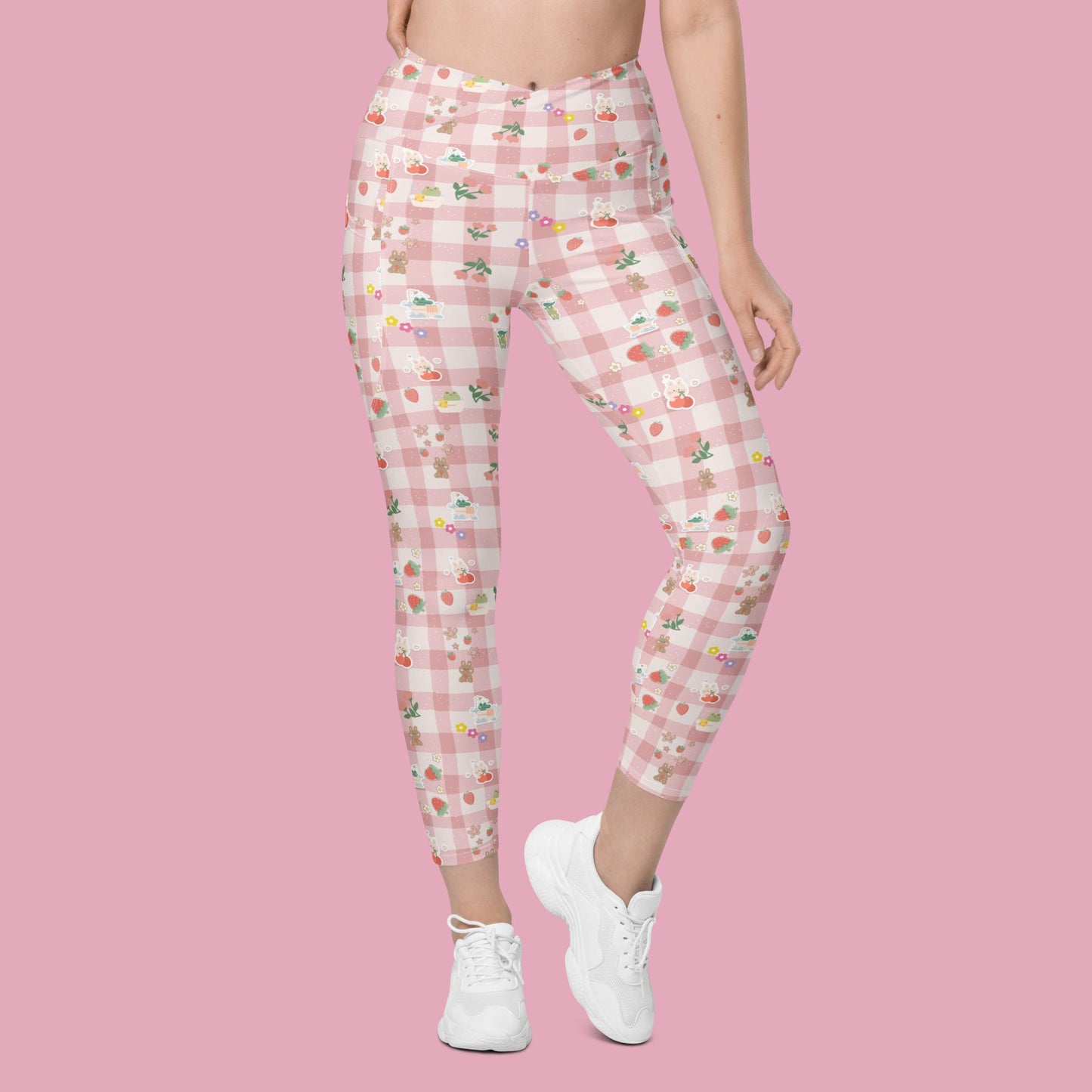 V-Bund-Leggings mit Taschen - rosa Karo