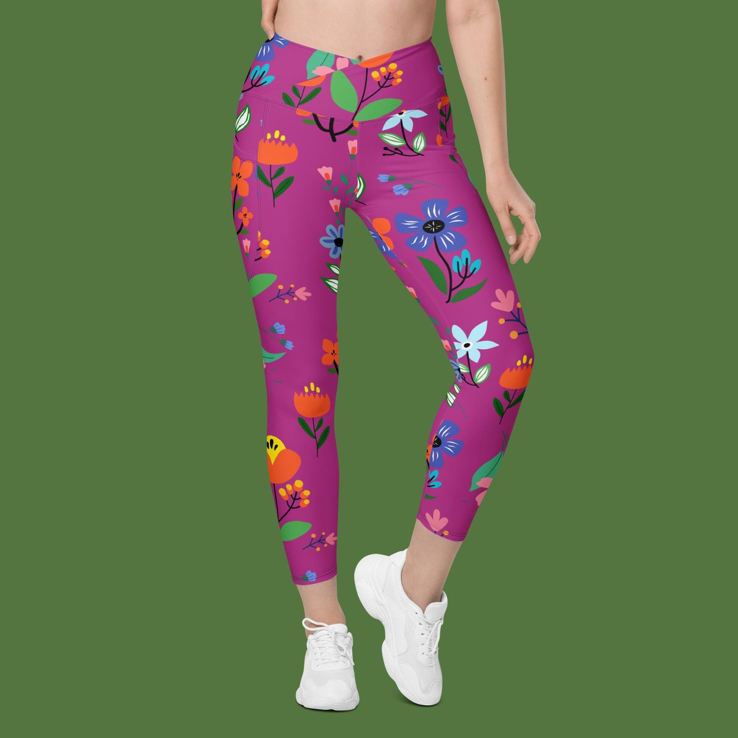 V-Bund-Leggings mit Taschen - Blumenwiese