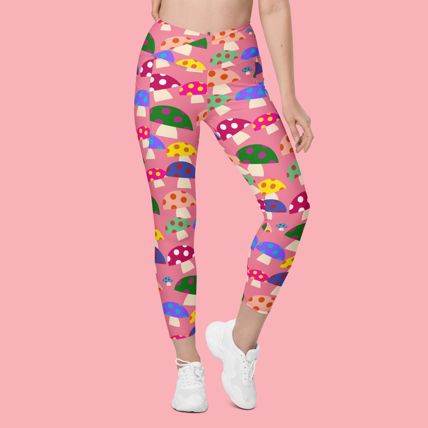 V-Bund-Leggings mit Taschen - bunte Pilze