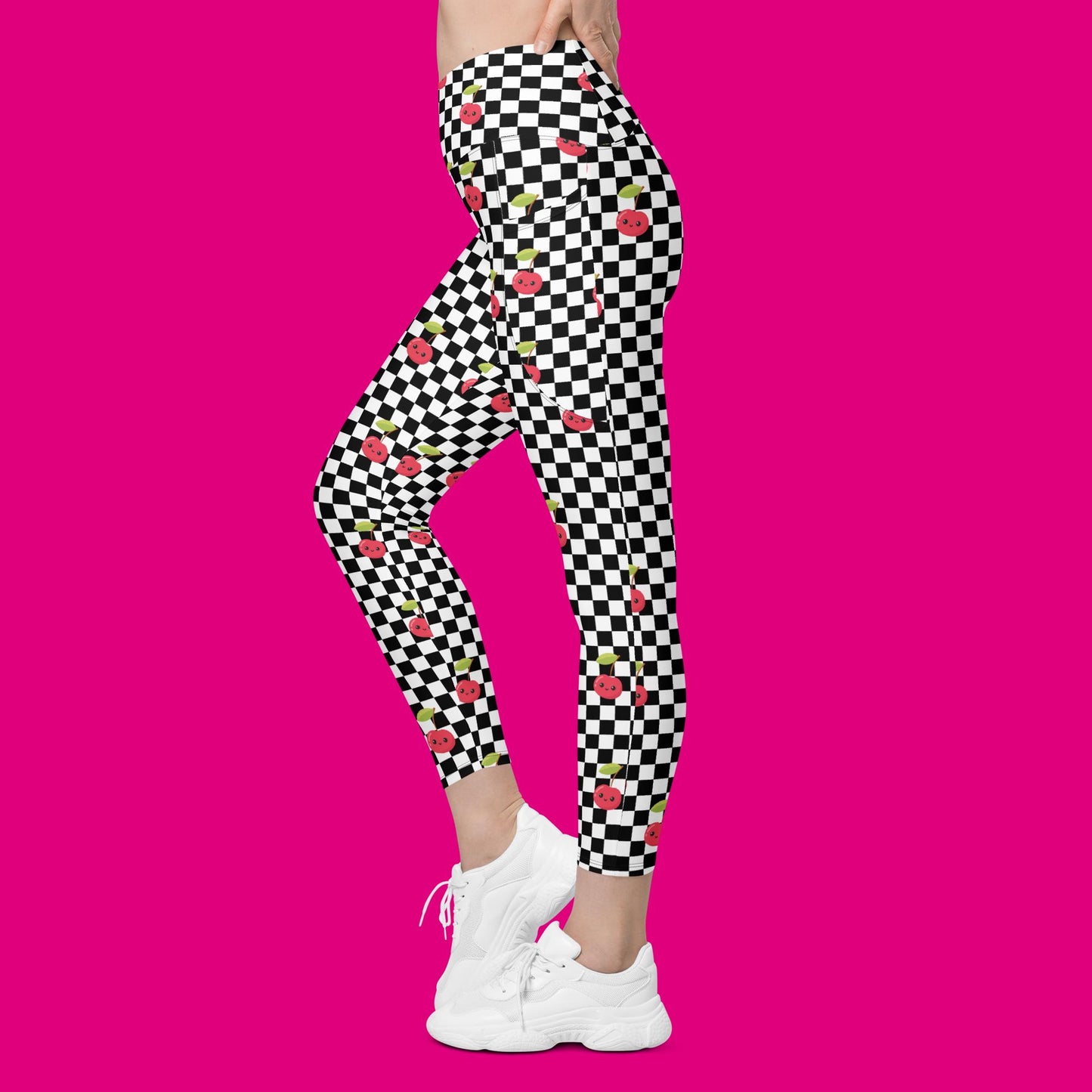 V-Bund-Leggings mit Taschen - Schachbrett Kirschen