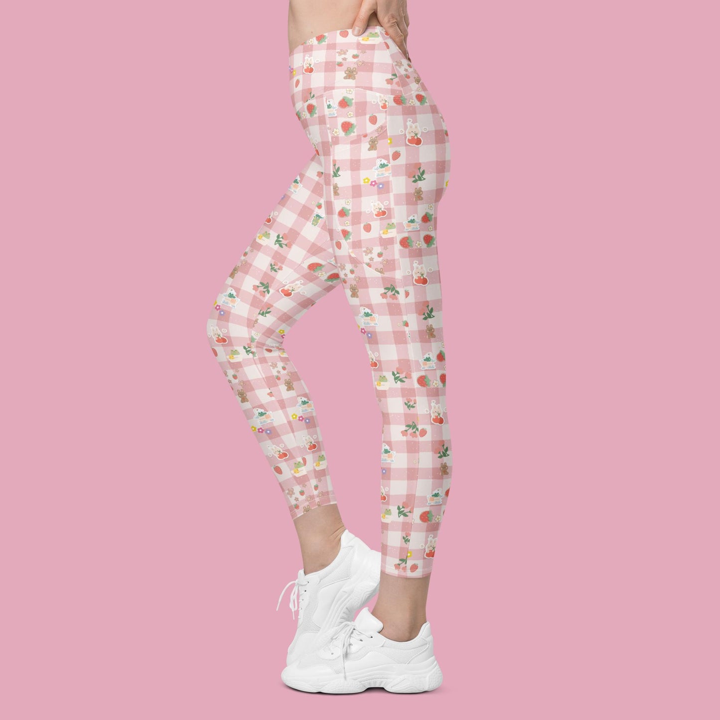 V-Bund-Leggings mit Taschen - rosa Karo