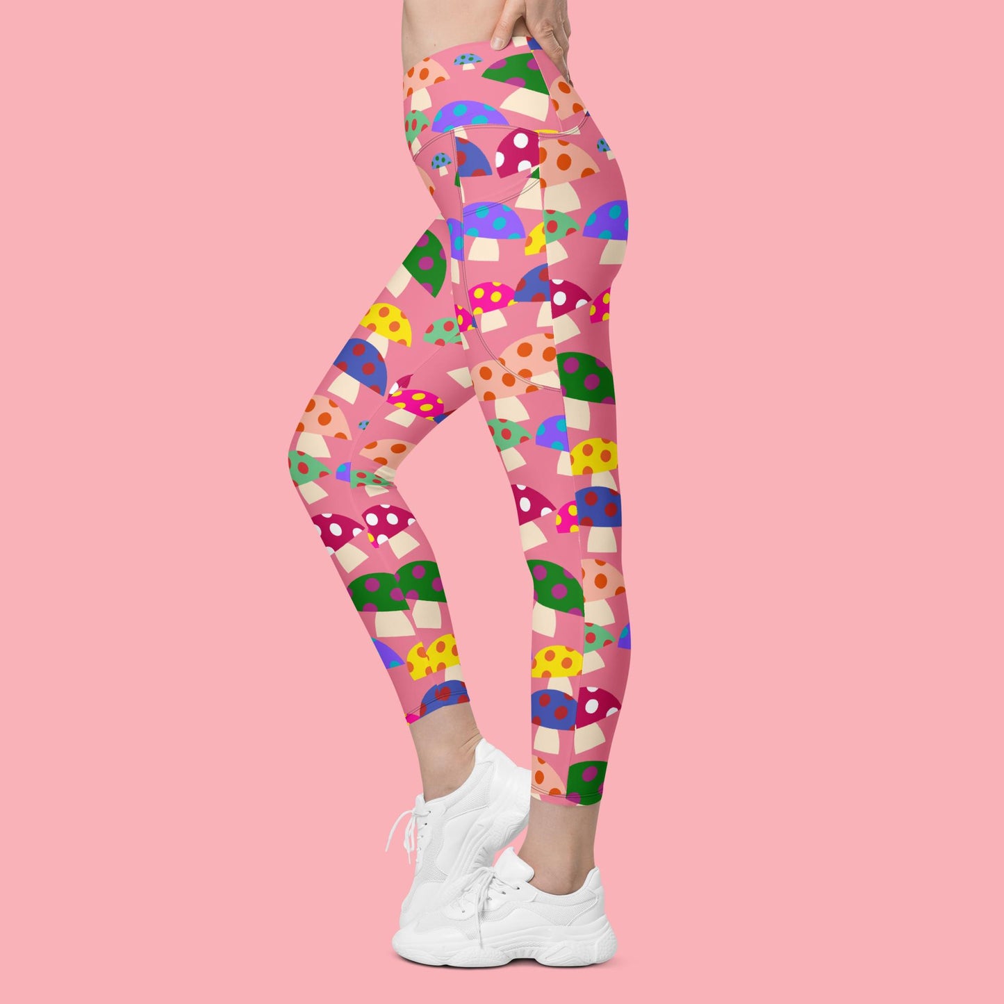 V-Bund-Leggings mit Taschen - bunte Pilze