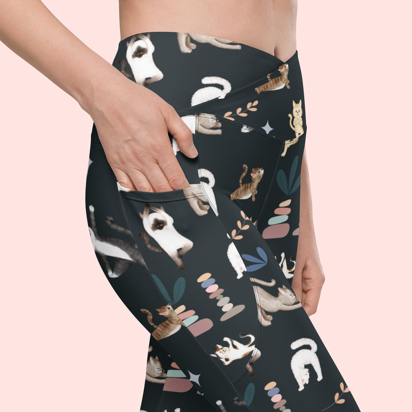 V-Bund-Leggings mit Taschen - Yogakatzen
