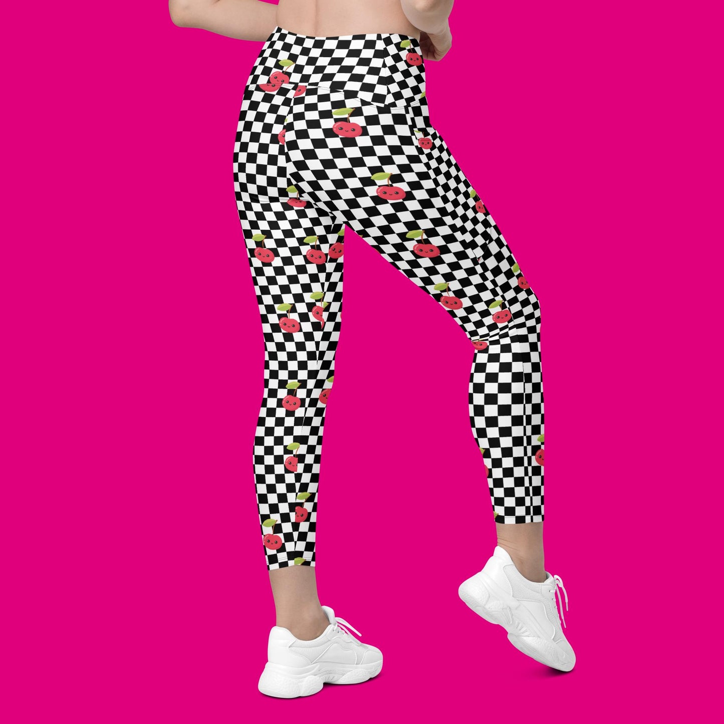 V-Bund-Leggings mit Taschen - Schachbrett Kirschen