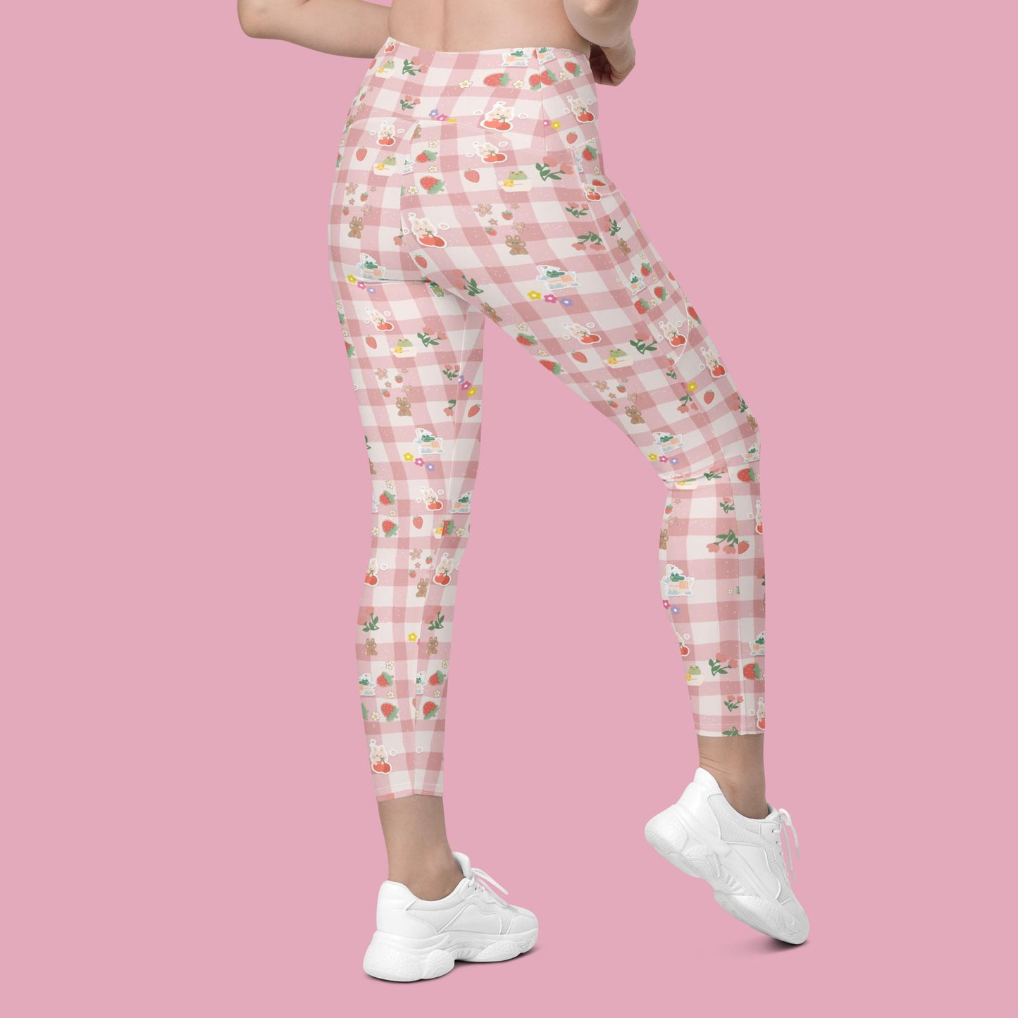 V-Bund-Leggings mit Taschen - rosa Karo