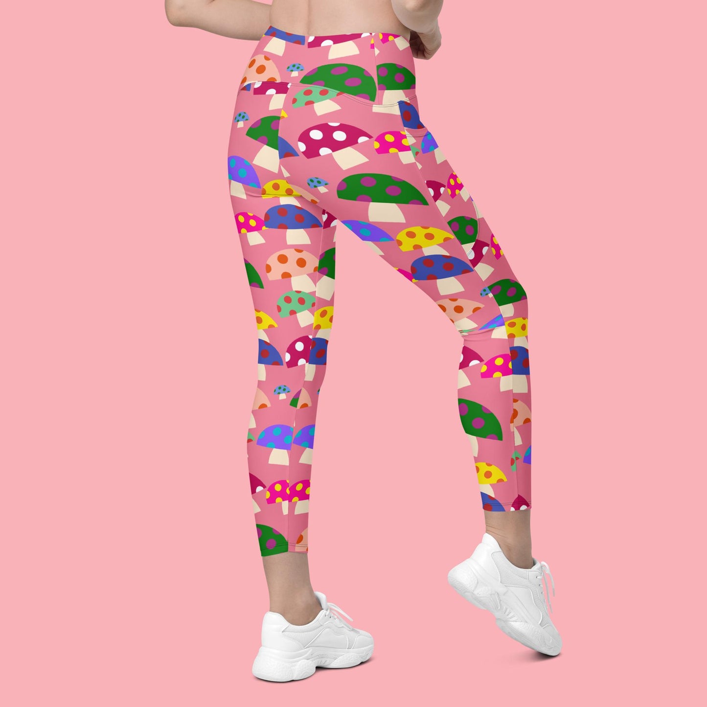 V-Bund-Leggings mit Taschen - bunte Pilze