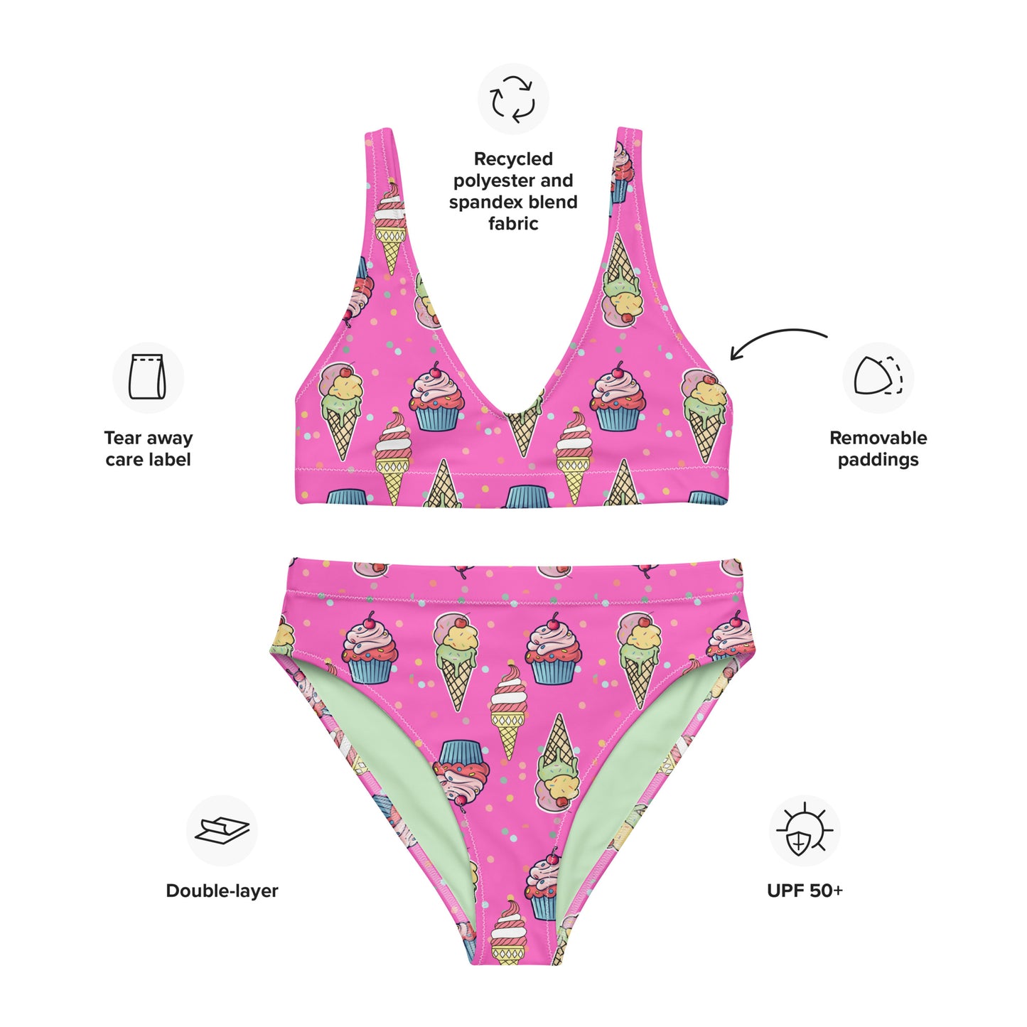 Farbenfroher, hoch geschnittener Bikini aus recyceltem Material