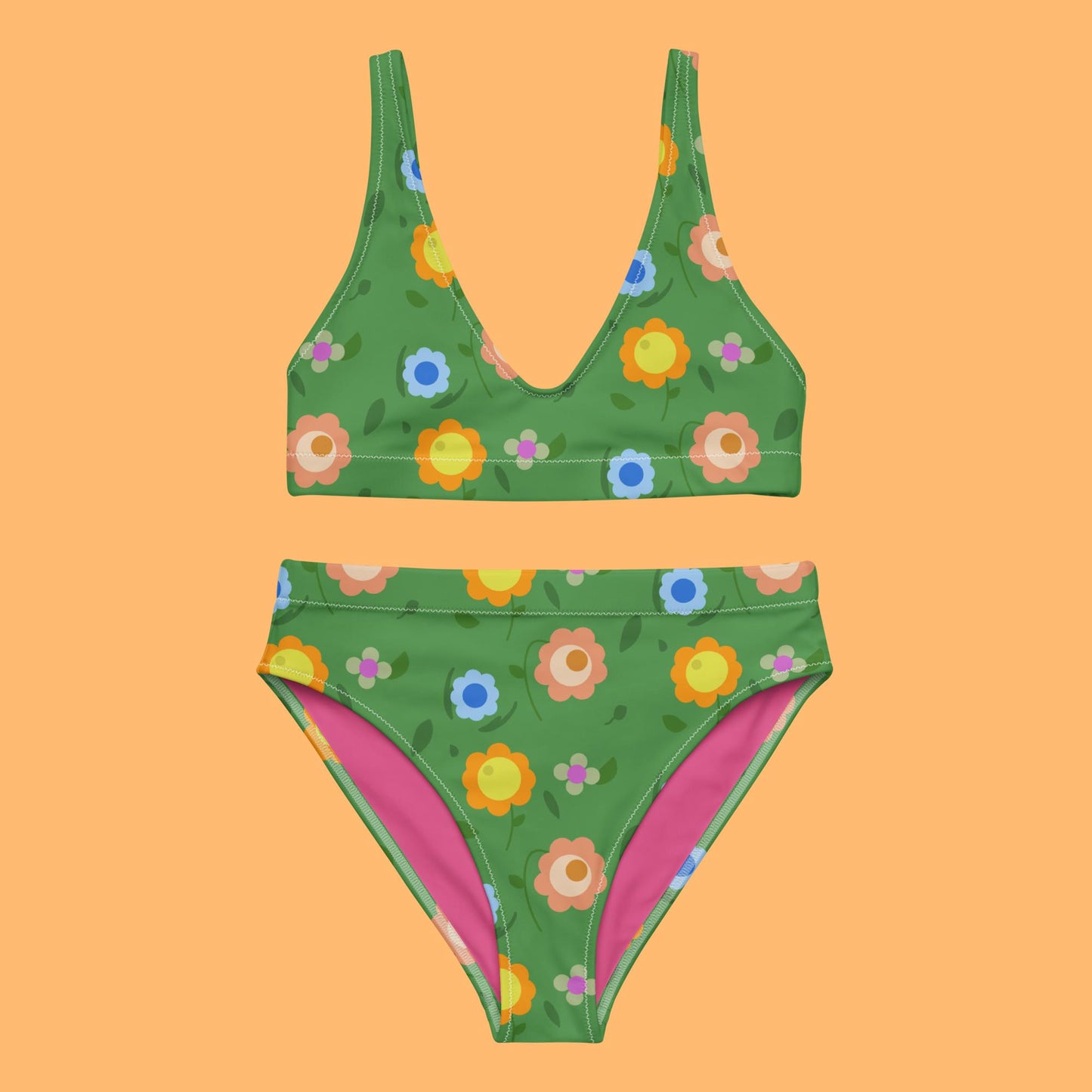Farbenfroher, hoch geschnittener Bikini mit Retroblumen - aus recyceltem Material