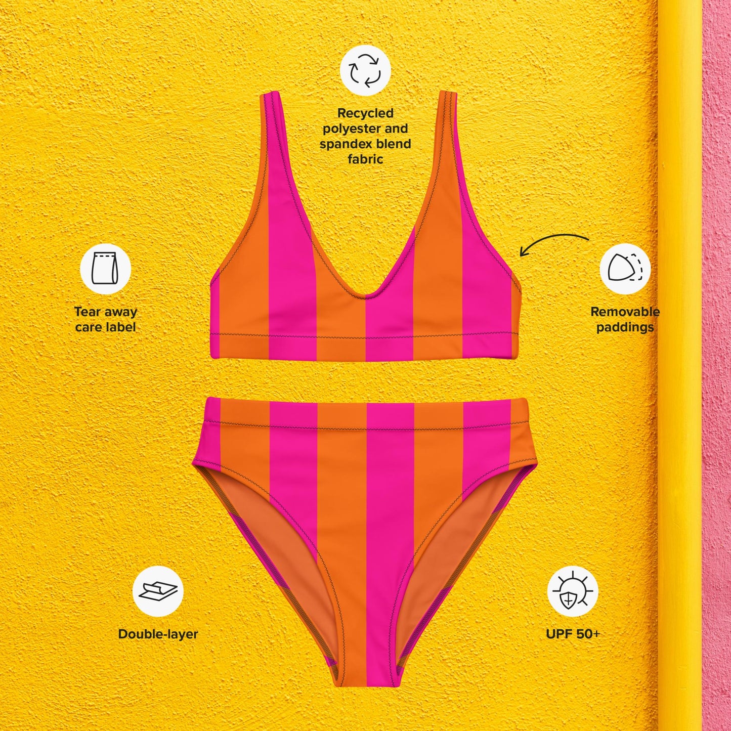 Neon pink/orange gestreift - hoch geschnittener Bikini aus recyceltem Material