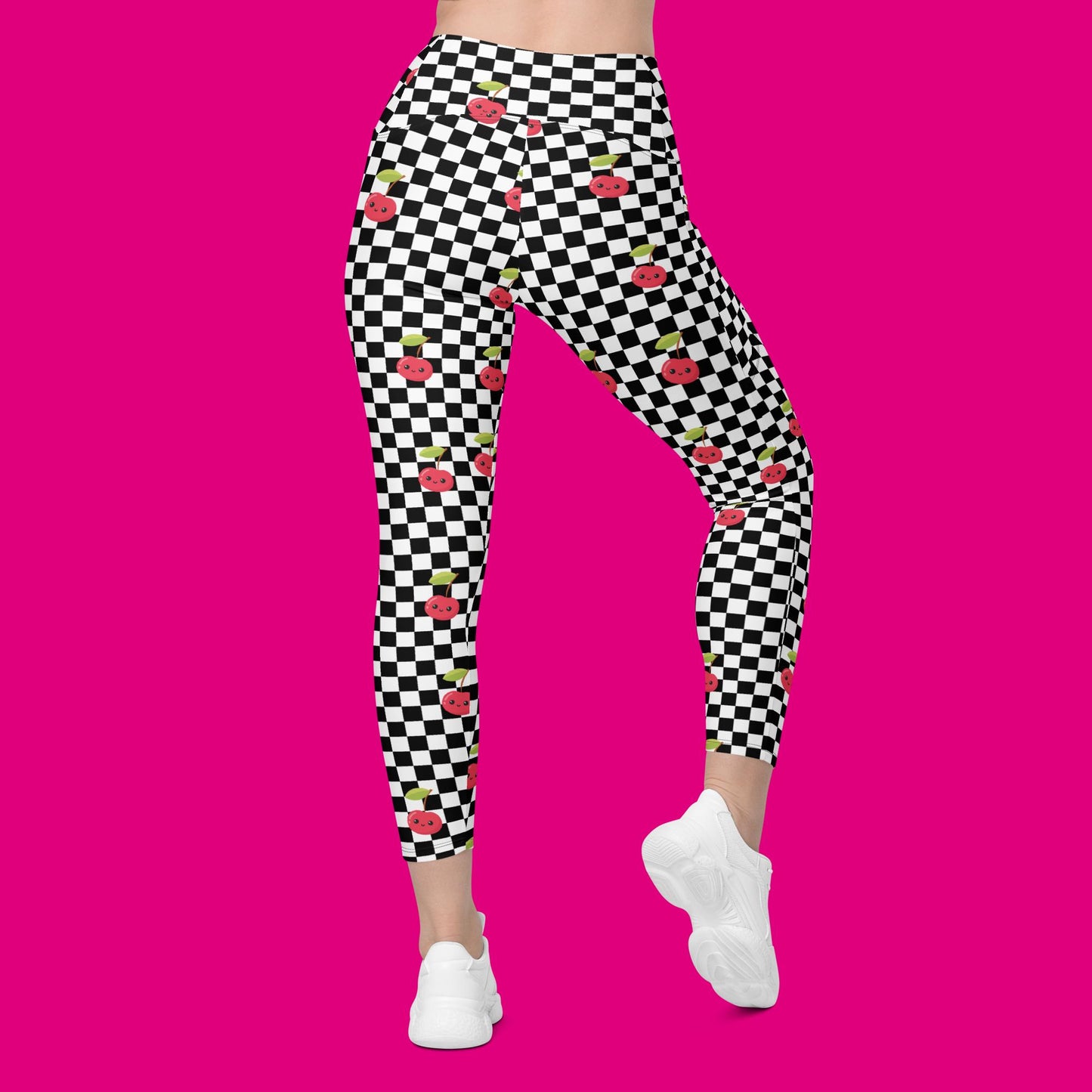 V-Bund-Leggings mit Taschen - Schachbrett Kirschen