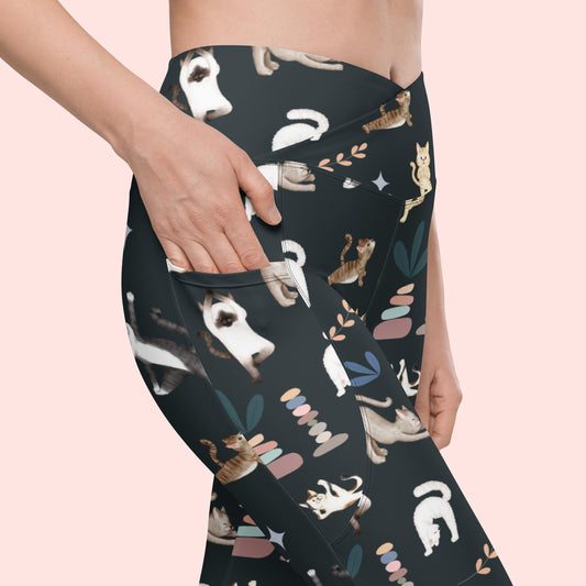 V-Bund-Leggings mit Taschen - Yogakatzen