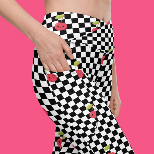 V-Bund-Leggings mit Taschen - Schachbrett Kirschen