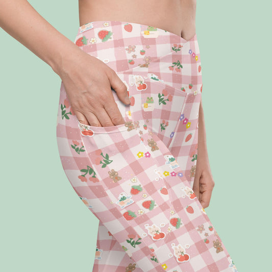 V-Bund-Leggings mit Taschen - rosa Karo