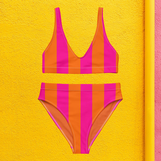 Neon pink/orange gestreift -  hoch geschnittener Bikini aus recyceltem Material