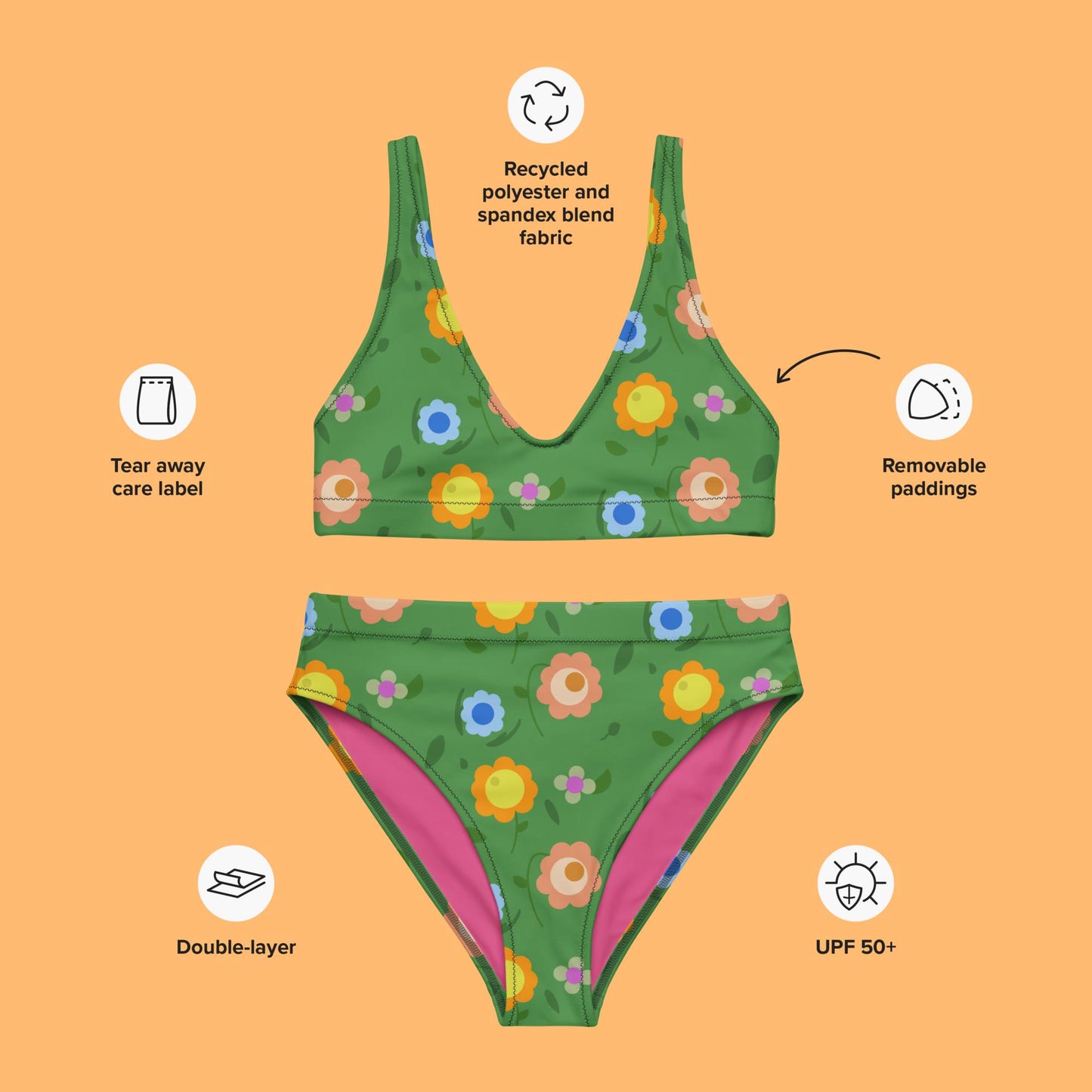 Farbenfroher, hoch geschnittener Bikini mit Retroblumen - aus recyceltem Material